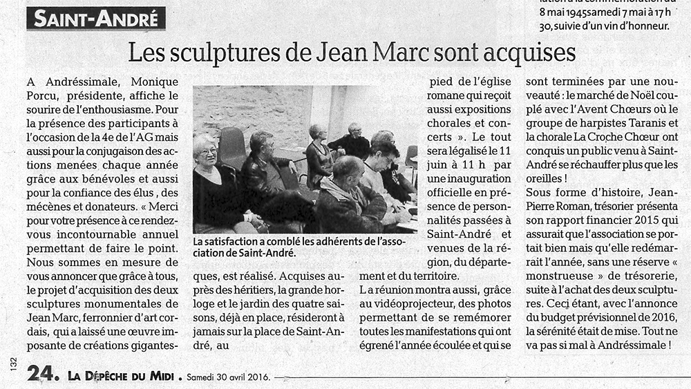 Article "Les sculptures de Jean MARC sont acquises"