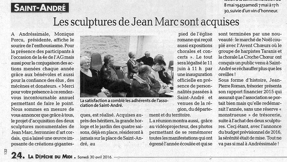 Article "Les sculptures de Jean MARC sont acquises"